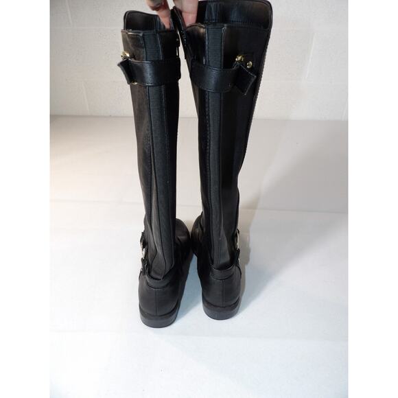 G by Guess Womens Tall Black Riding Boots 7M Faux Leather Logo Buckle Zip Moto - Picture 5 of 16